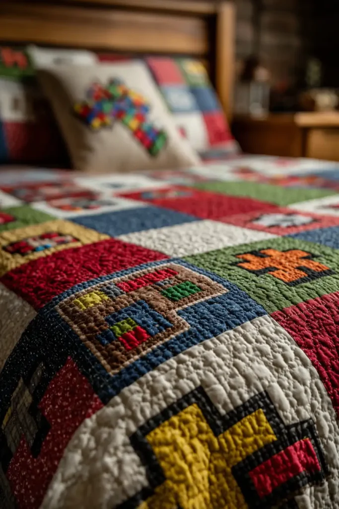 Retro Video Game Pixel Quilt Designs for Gamer Bedrooms