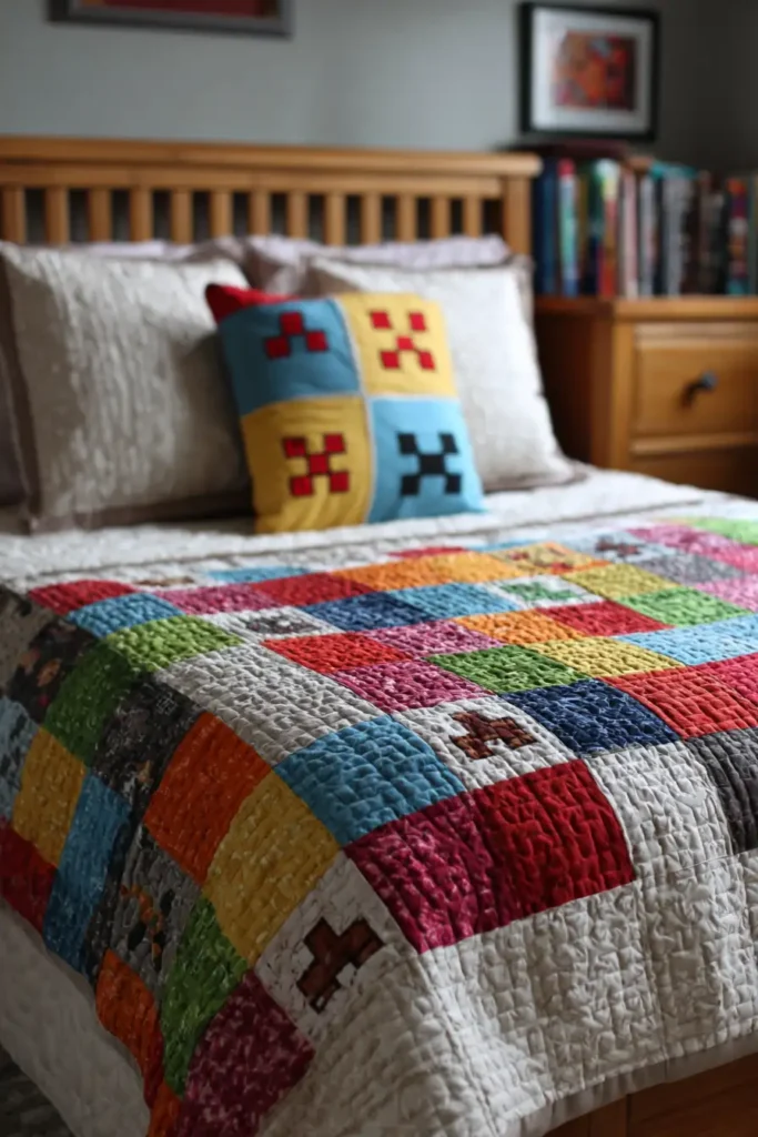 Retro Video Game Pixel Quilt Designs for Gamer Bedrooms