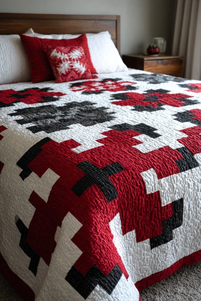 Scandinavian-Inspired Red, Black, and White Bedroom Quilts