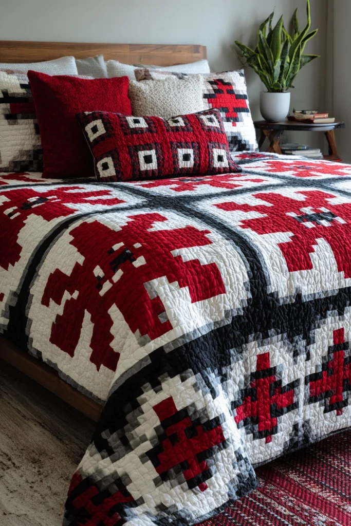 Scandinavian-Inspired Red, Black, and White Bedroom Quilts
