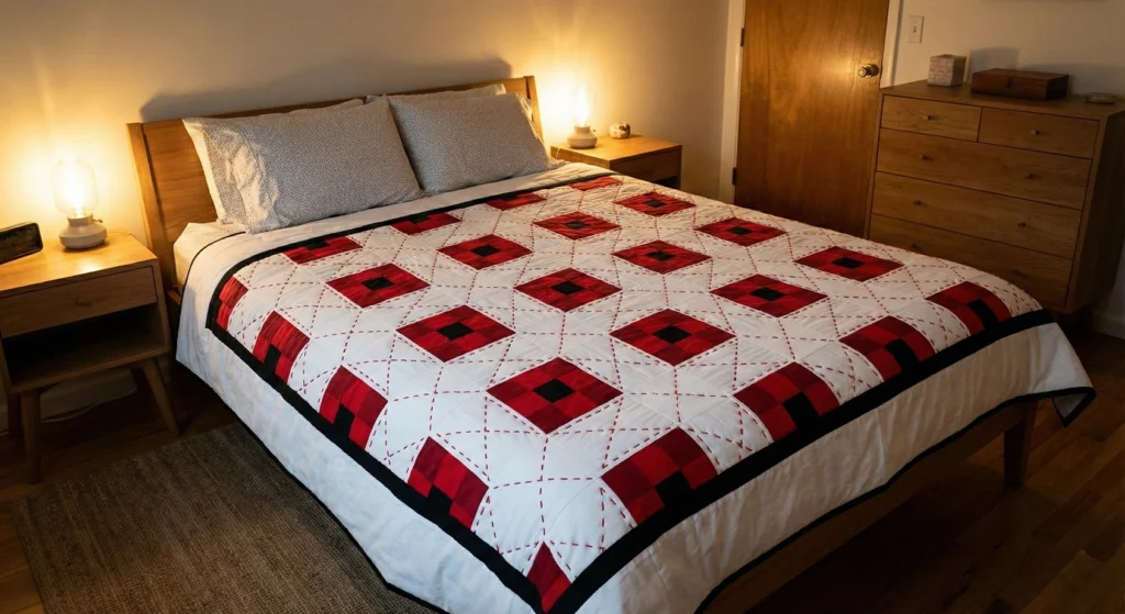 Scandinavian-Inspired Red, Black, and White Bedroom Quilts