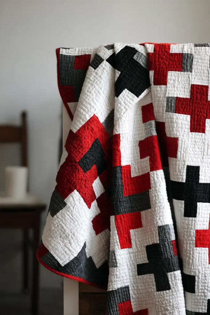 Scandinavian-Inspired Red, Black, and White Quilts for a Minimal Living Room