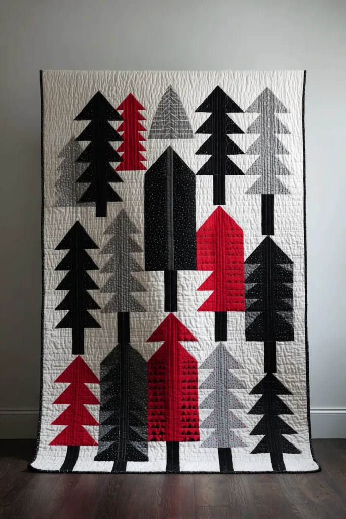 Scandinavian-Inspired Red, Black, and White Quilts for a Minimal Living Room