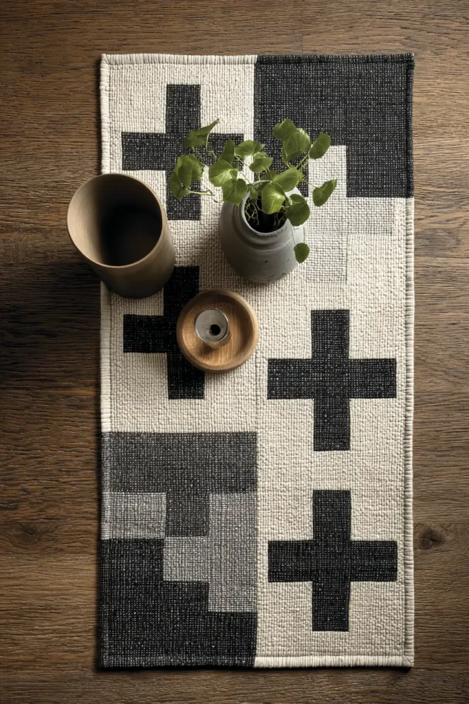 Scandinavian Quilted Table Runners in Cream and Charcoal