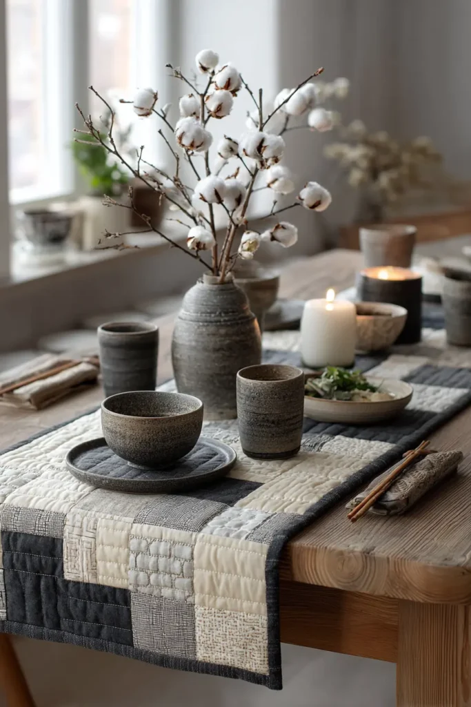 Scandinavian Quilted Table Runners in Cream and Charcoal