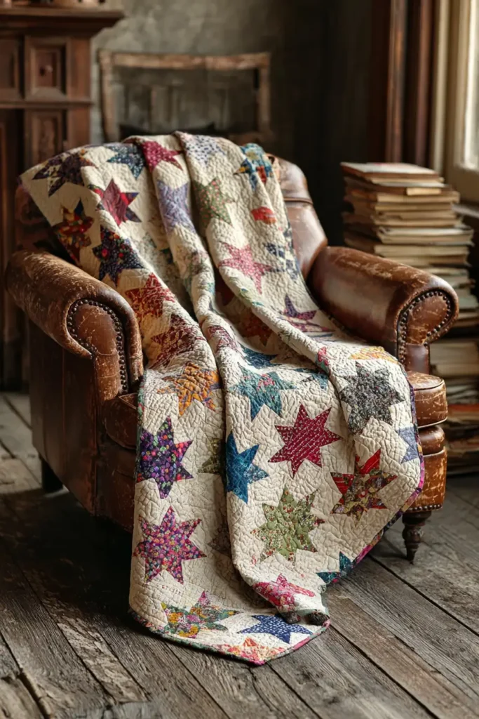 Scrappy Star Quilt Throws for Rustic Living Room Comfort