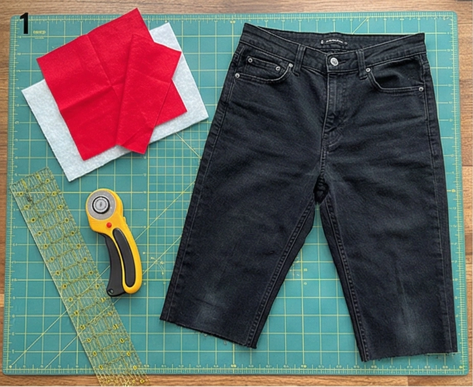 Upcycled Denim and Red Fabric Quilted Coasters