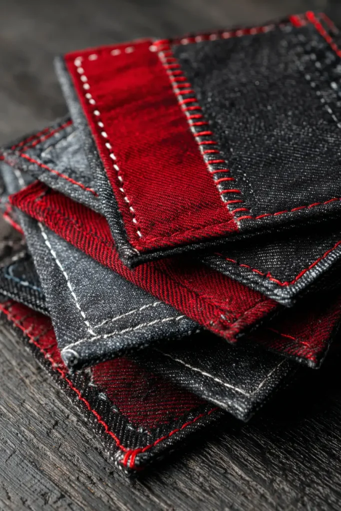 Upcycled Denim and Red Fabric Quilted Coasters