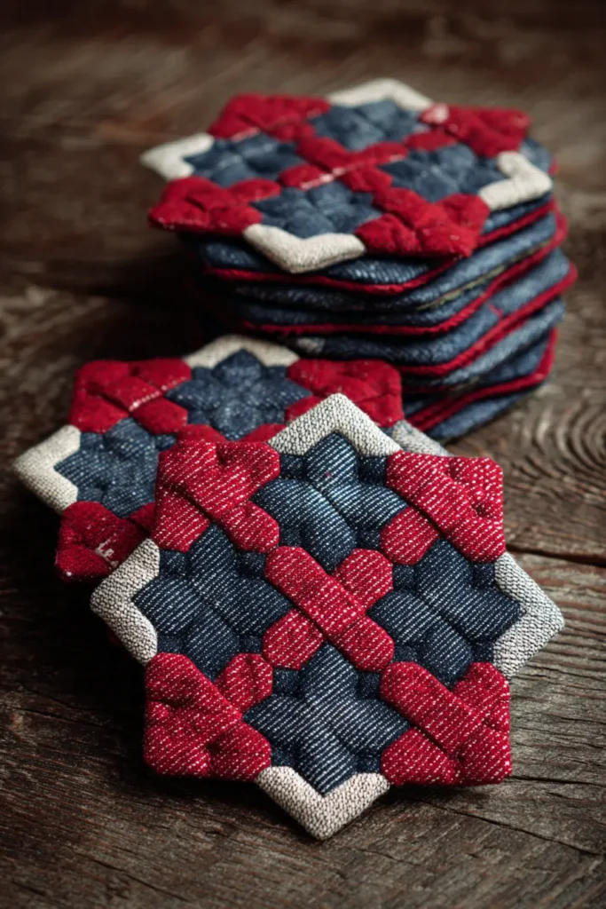 Upcycled Denim and Red Fabric Quilted Coasters