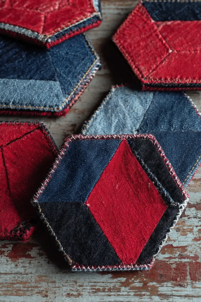 Upcycled Denim and Red Fabric Quilted Coasters