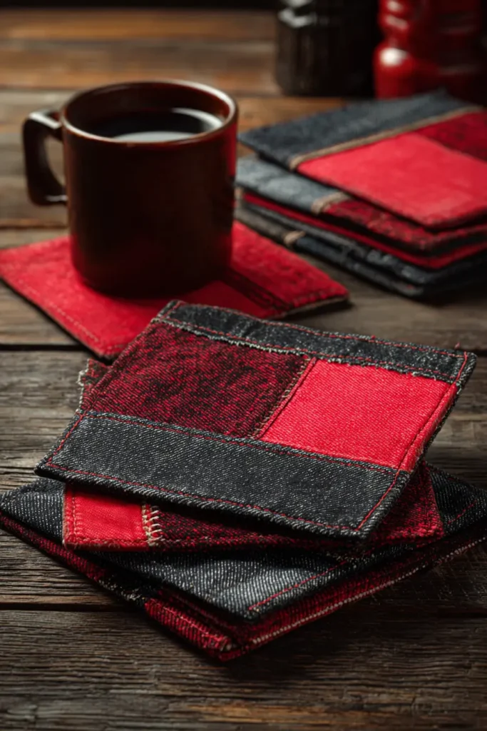 Upcycled Denim and Red Fabric Quilted Coasters