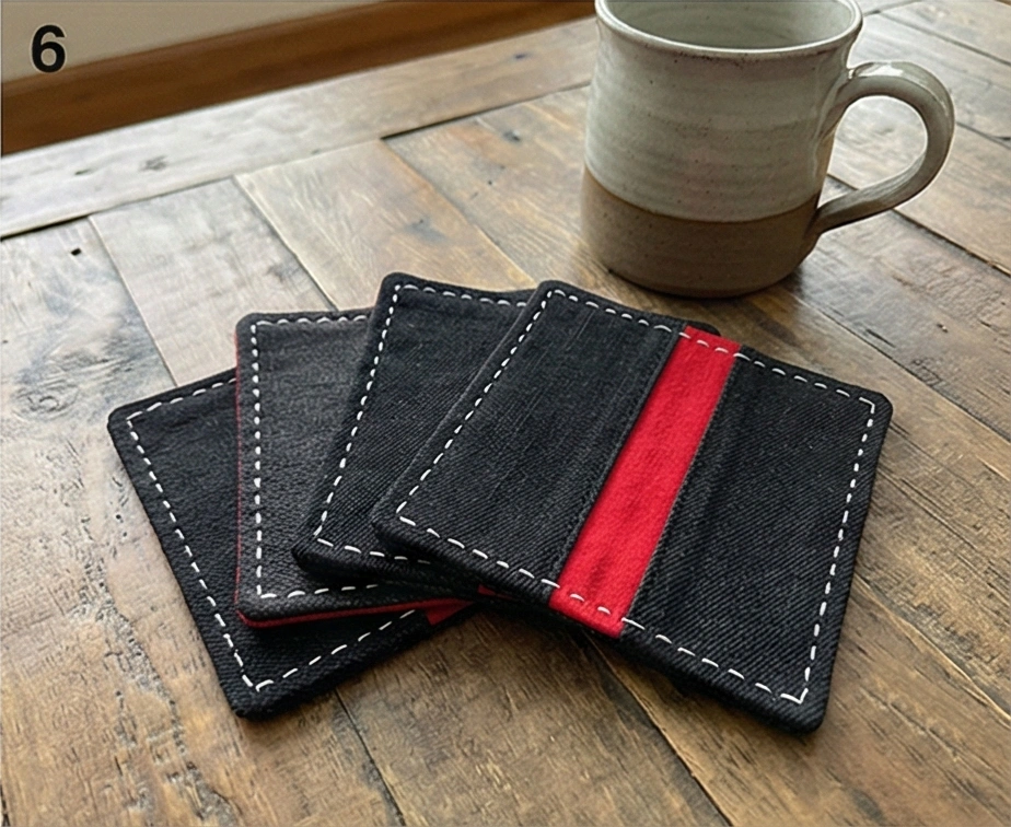 Upcycled Denim and Red Fabric Quilted Coasters