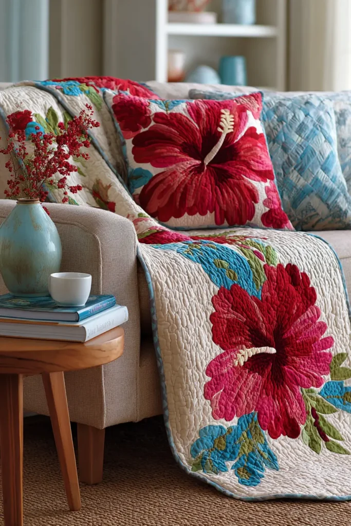 Vibrant Hibiscus Appliqué Quilt Designs for Elegant Sofa Throws