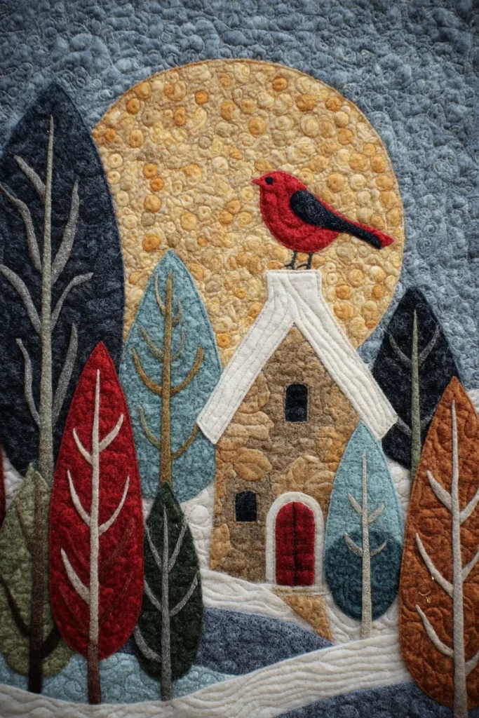 Wool Appliqué Folk Art Quilts with Winter-Inspired Scenes