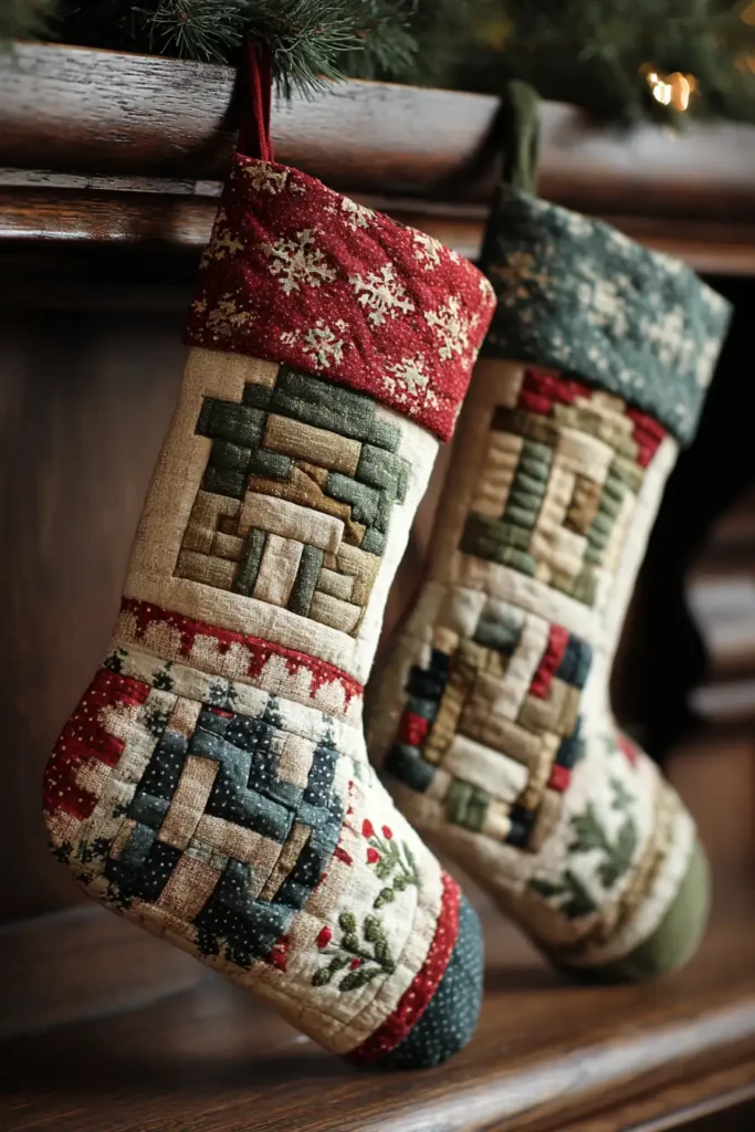 Festive Log Cabin Quilted Christmas Stockings for Holiday Charm
