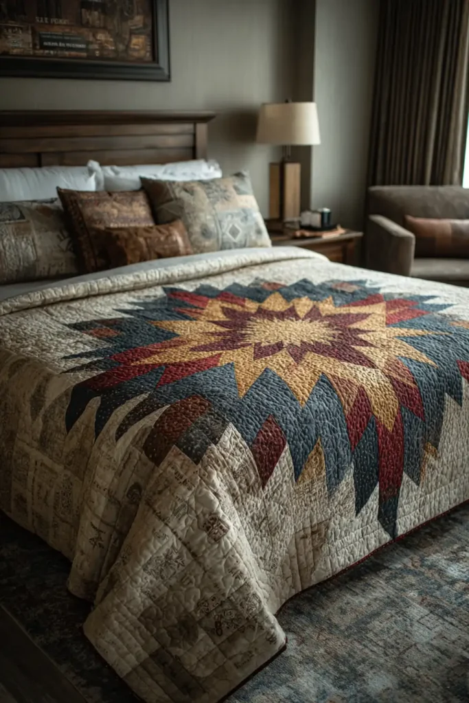 Lakota Star Quilted Headboard Accents for Cultural Bedroom Elegance