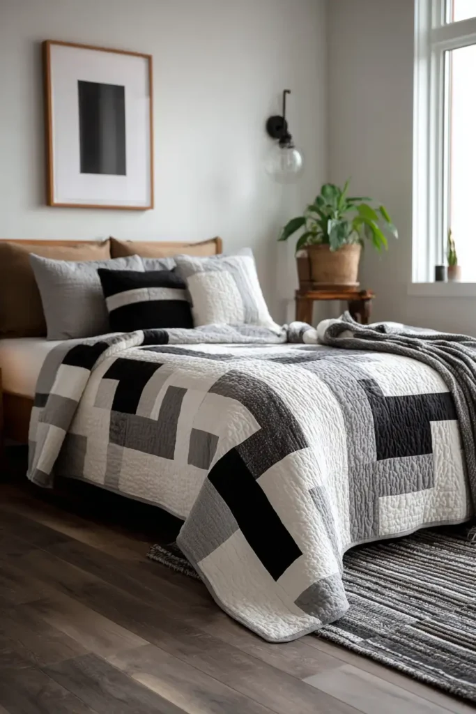 Negative Space Modern Quilt Ideas for Airy Bedrooms