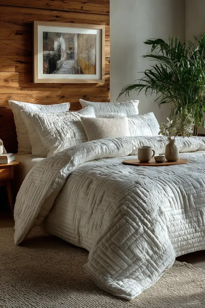 White-on-White Log Cabin Bedding for Minimalist Luxury