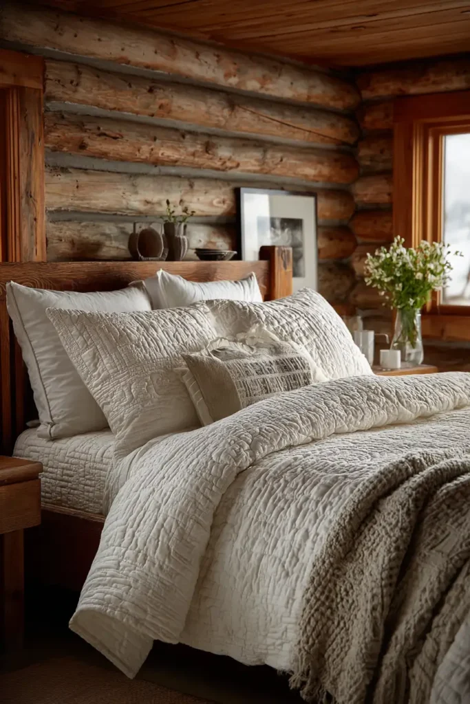 White-on-White Log Cabin Bedding for Minimalist Luxury