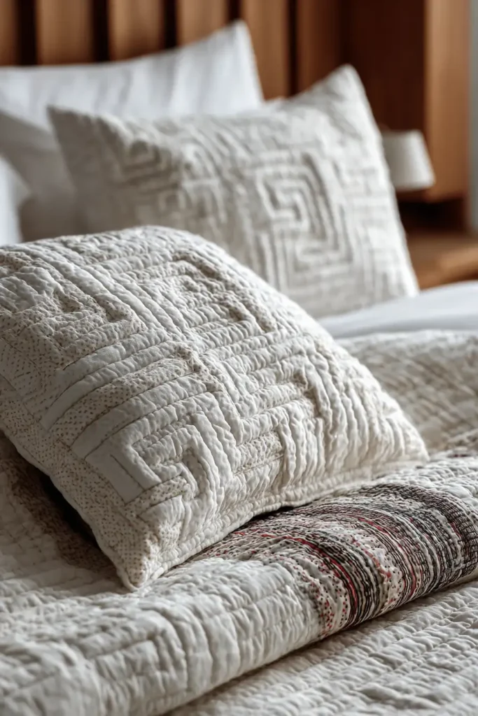 White-on-White Log Cabin Bedding for Minimalist Luxury