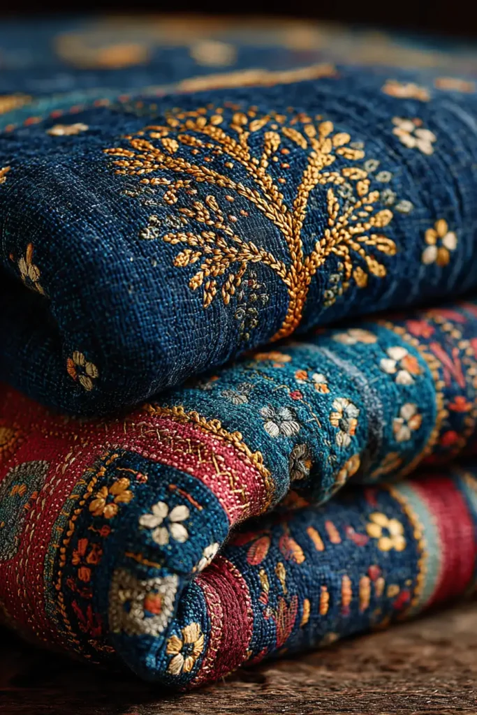 Artful Sujni Kantha Couch Covers Celebrating the Harvest and Farming Traditions