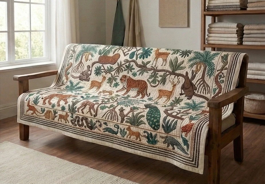 Artful Sujni Kantha Couch Covers Celebrating the Harvest and Farming Traditions