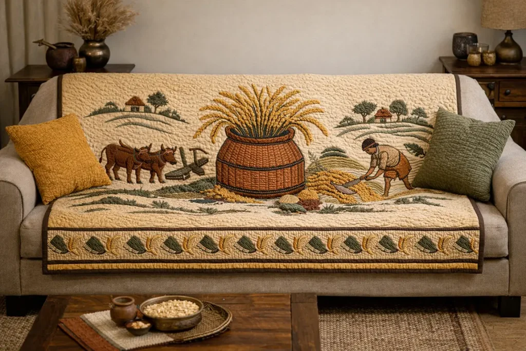 Artful Sujni Kantha Couch Covers Celebrating the Harvest and Farming Traditions