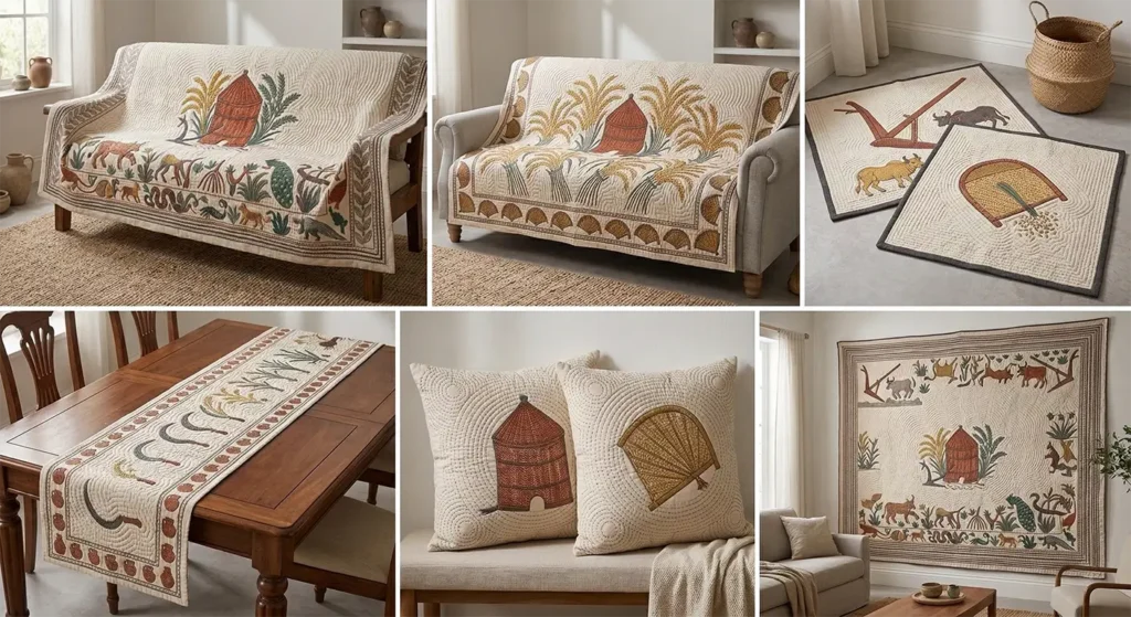 Artful Sujni Kantha Couch Covers Celebrating the Harvest and Farming Traditions