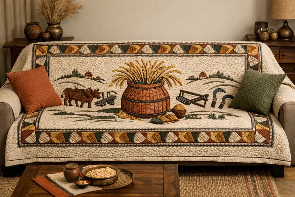 Artful Sujni Kantha Couch Covers Celebrating the Harvest and Farming Traditions