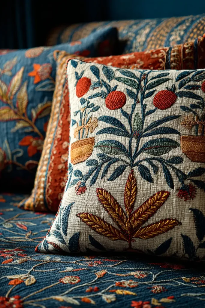Artful Sujni Kantha Couch Covers Celebrating the Harvest and Farming Traditions