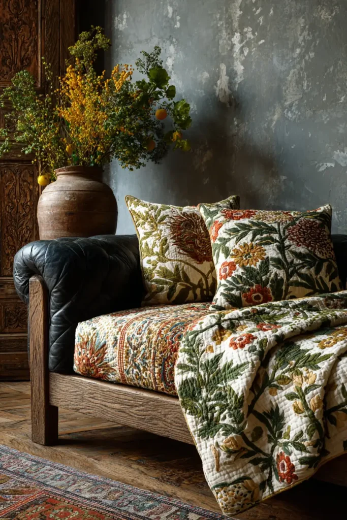 Artful Sujni Kantha Couch Covers Celebrating the Harvest and Farming Traditions