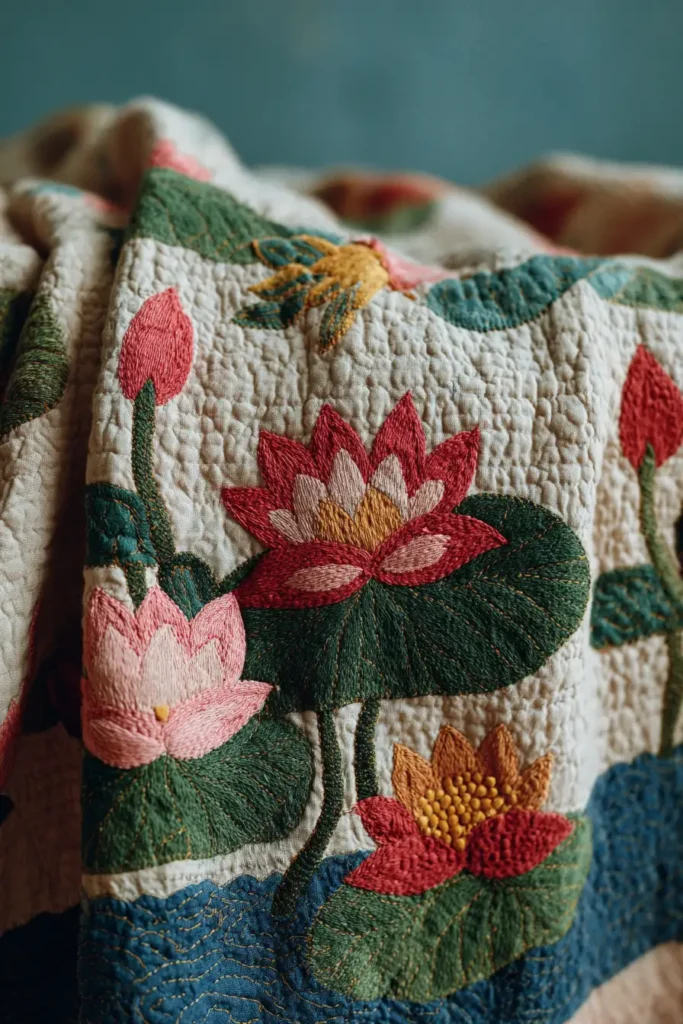 Beautiful Lotus Motif Nakshi Kantha Throw Blankets with Lohori Wave Stitches