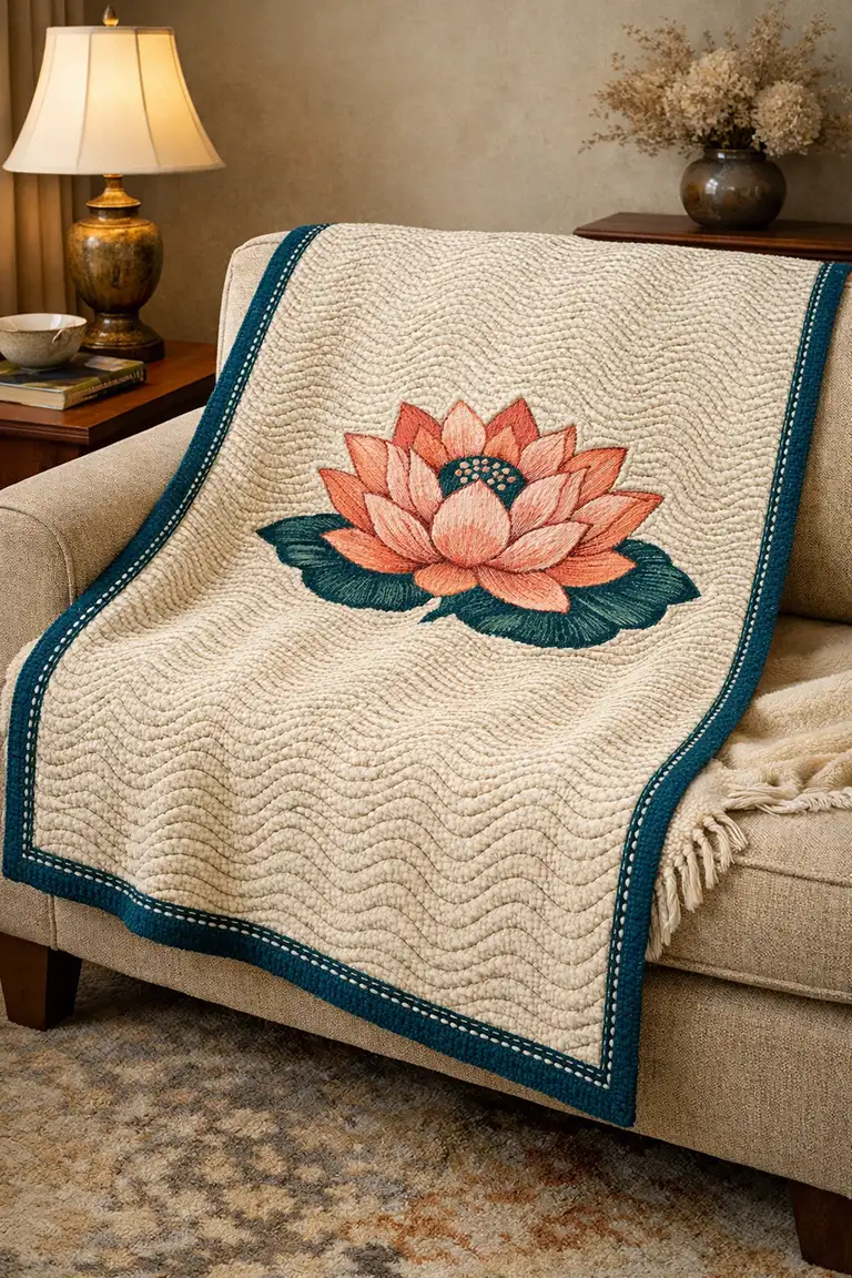 Beautiful Lotus Motif Nakshi Kantha Throw Blankets with Lohori Wave Stitches