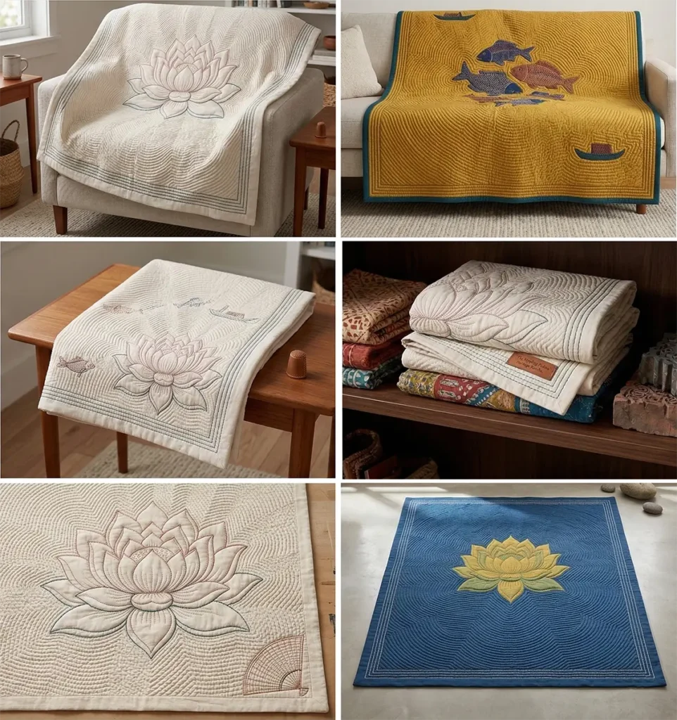 Beautiful Lotus Motif Nakshi Kantha Throw Blankets with Lohori Wave Stitches