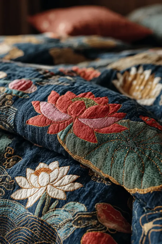 Beautiful Lotus Motif Nakshi Kantha Throw Blankets with Lohori Wave Stitches