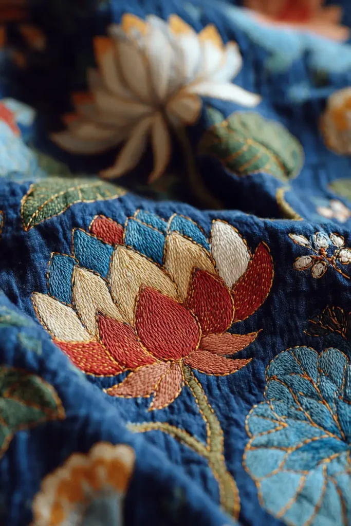 Beautiful Lotus Motif Nakshi Kantha Throw Blankets with Lohori Wave Stitches