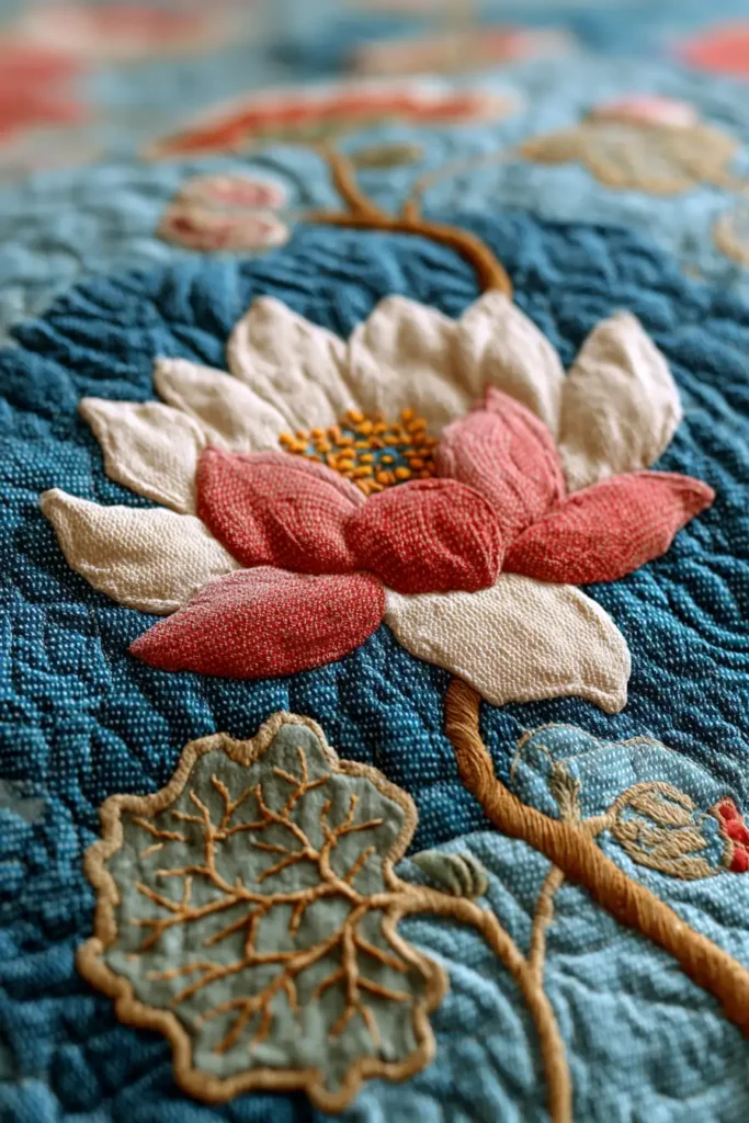 Beautiful Lotus Motif Nakshi Kantha Throw Blankets with Lohori Wave Stitches