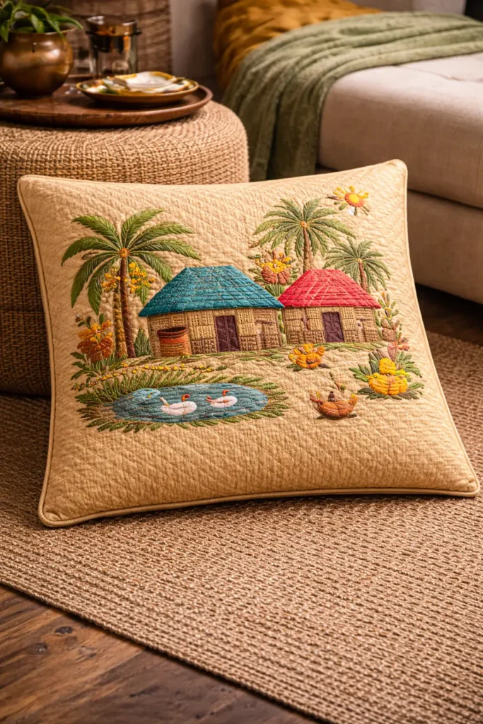 Colorful Lik or Anarasi Stitch Nakshi Kantha Floor Pillows Depicting Rural Village Scenes