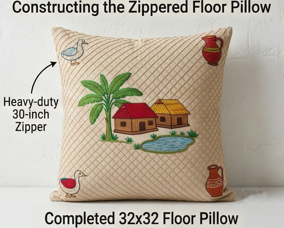 Colorful Lik or Anarasi Stitch Nakshi Kantha Floor Pillows Depicting Rural Village Scenes