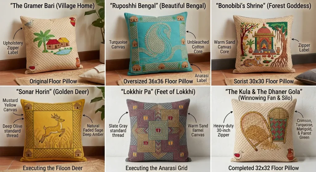 Colorful Lik or Anarasi Stitch Nakshi Kantha Floor Pillows Depicting Rural Village Scenes