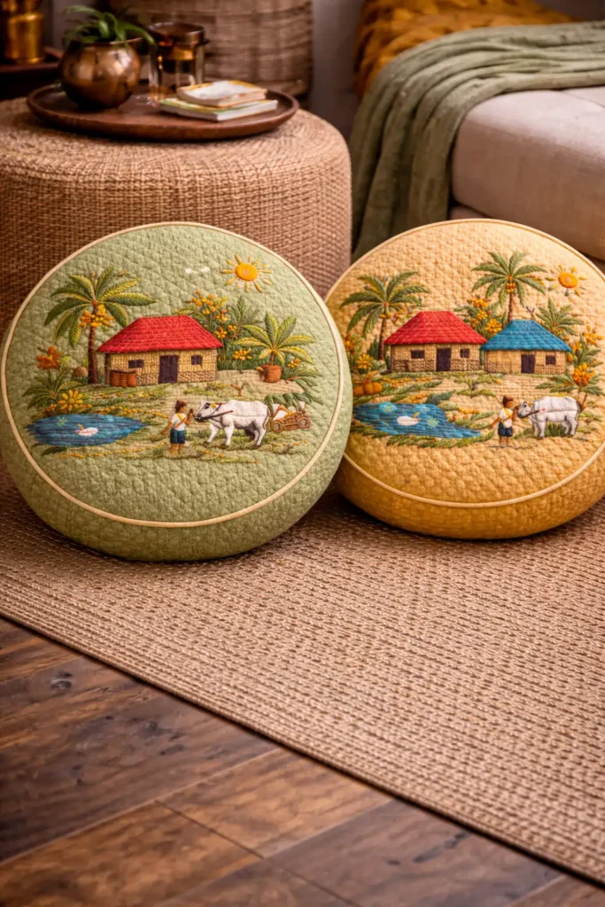 Colorful Lik or Anarasi Stitch Nakshi Kantha Floor Pillows Depicting Rural Village Scenes