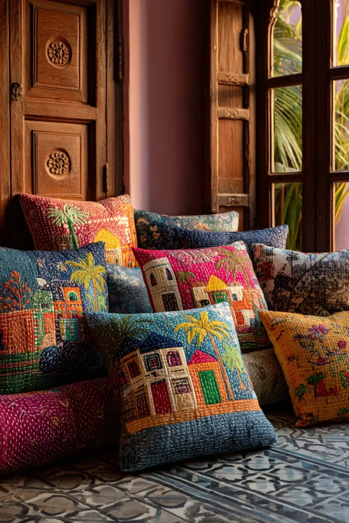 Colorful Lik or Anarasi Stitch Nakshi Kantha Floor Pillows Depicting Rural Village Scenes