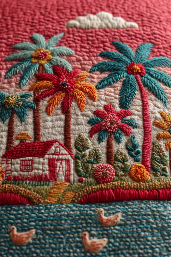 Colorful Lik or Anarasi Stitch Nakshi Kantha Floor Pillows Depicting Rural Village Scenes