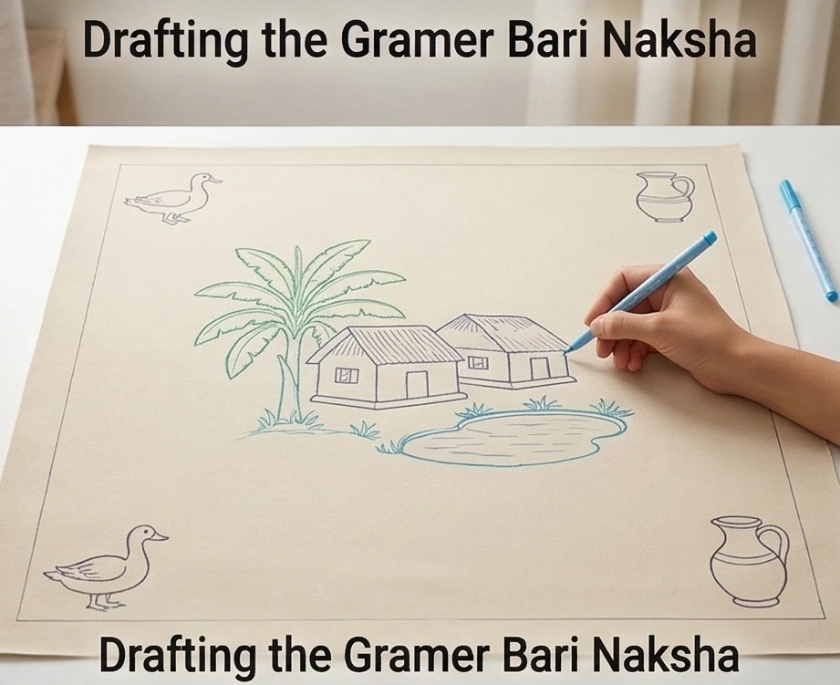 Colorful Lik or Anarasi Stitch Nakshi Kantha Floor Pillows Depicting Rural Village Scenes