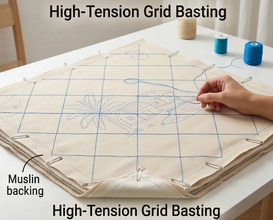 Colorful Lik or Anarasi Stitch Nakshi Kantha Floor Pillows Depicting Rural Village Scenes