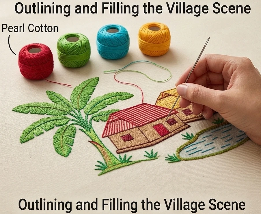 Colorful Lik or Anarasi Stitch Nakshi Kantha Floor Pillows Depicting Rural Village Scenes