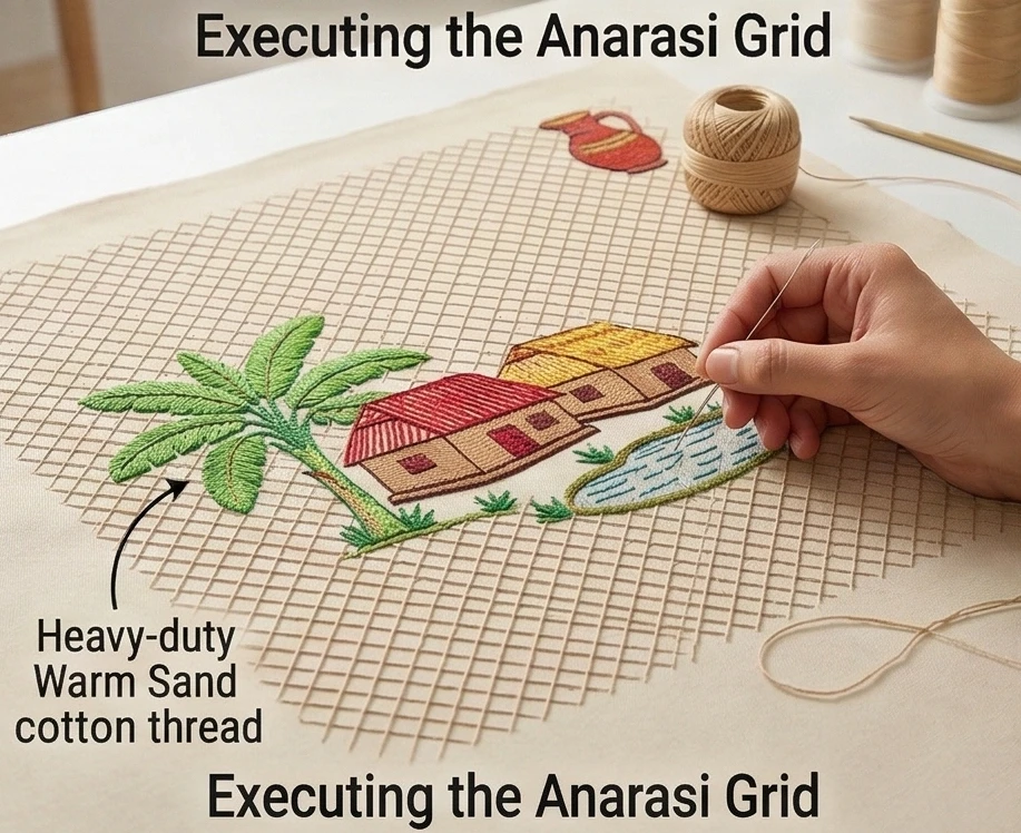 Colorful Lik or Anarasi Stitch Nakshi Kantha Floor Pillows Depicting Rural Village Scenes