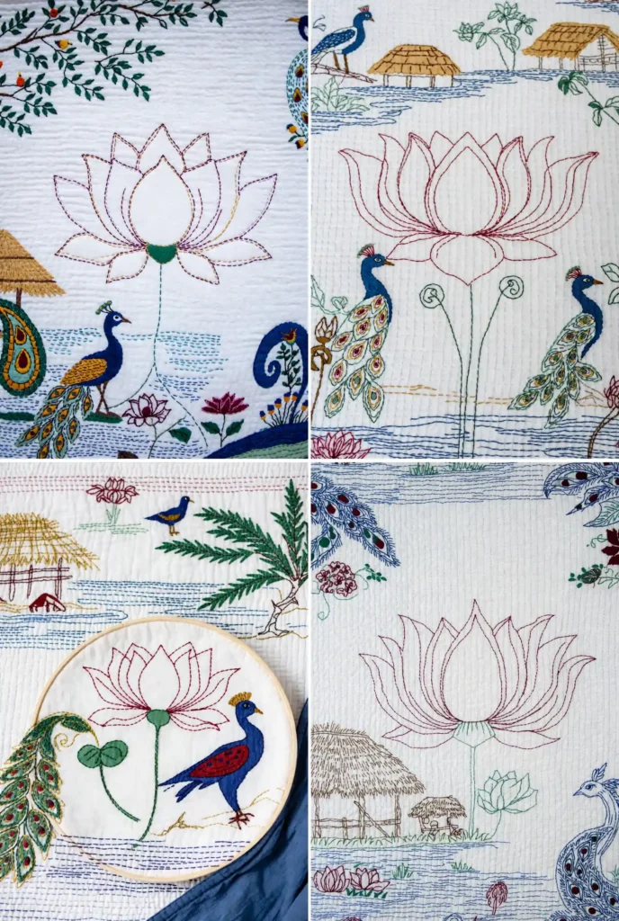 Cozy Running Stitch Nakshi Kantha Quilts Depicting Charming Rural Life Scenes