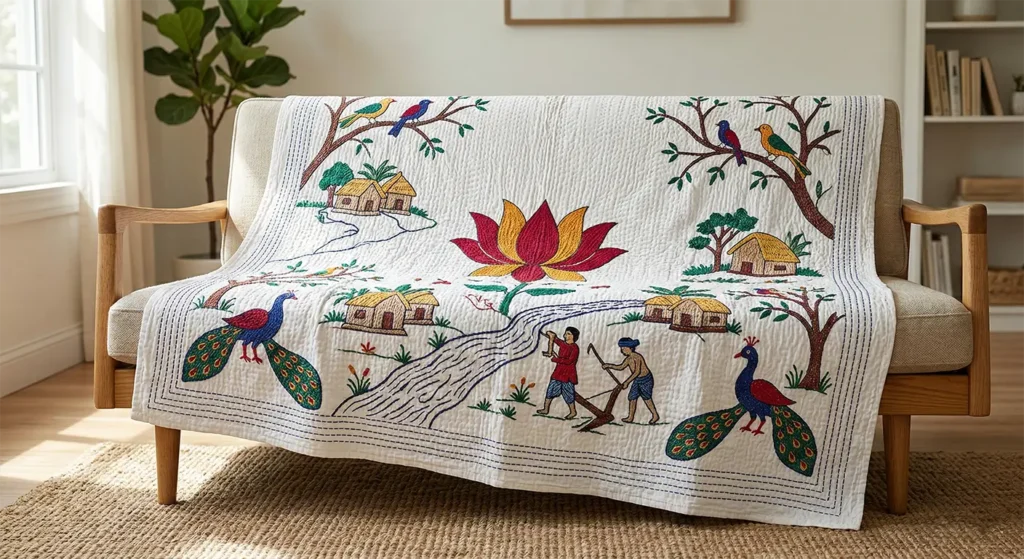 Cozy Running Stitch Nakshi Kantha Quilts Depicting Charming Rural Life Scenes