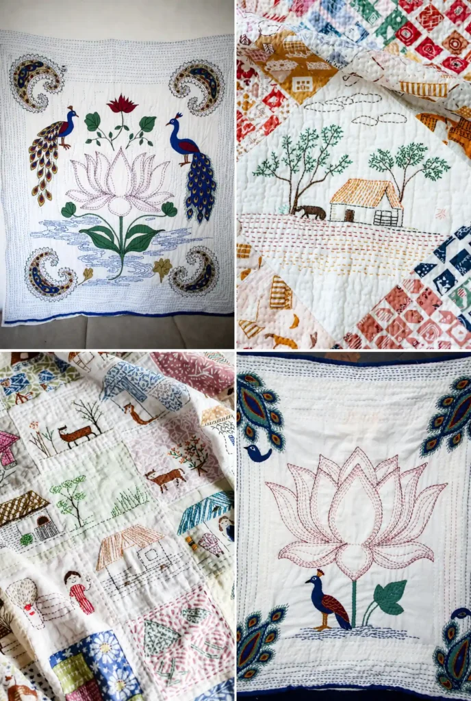 Cozy Running Stitch Nakshi Kantha Quilts Depicting Charming Rural Life Scenes